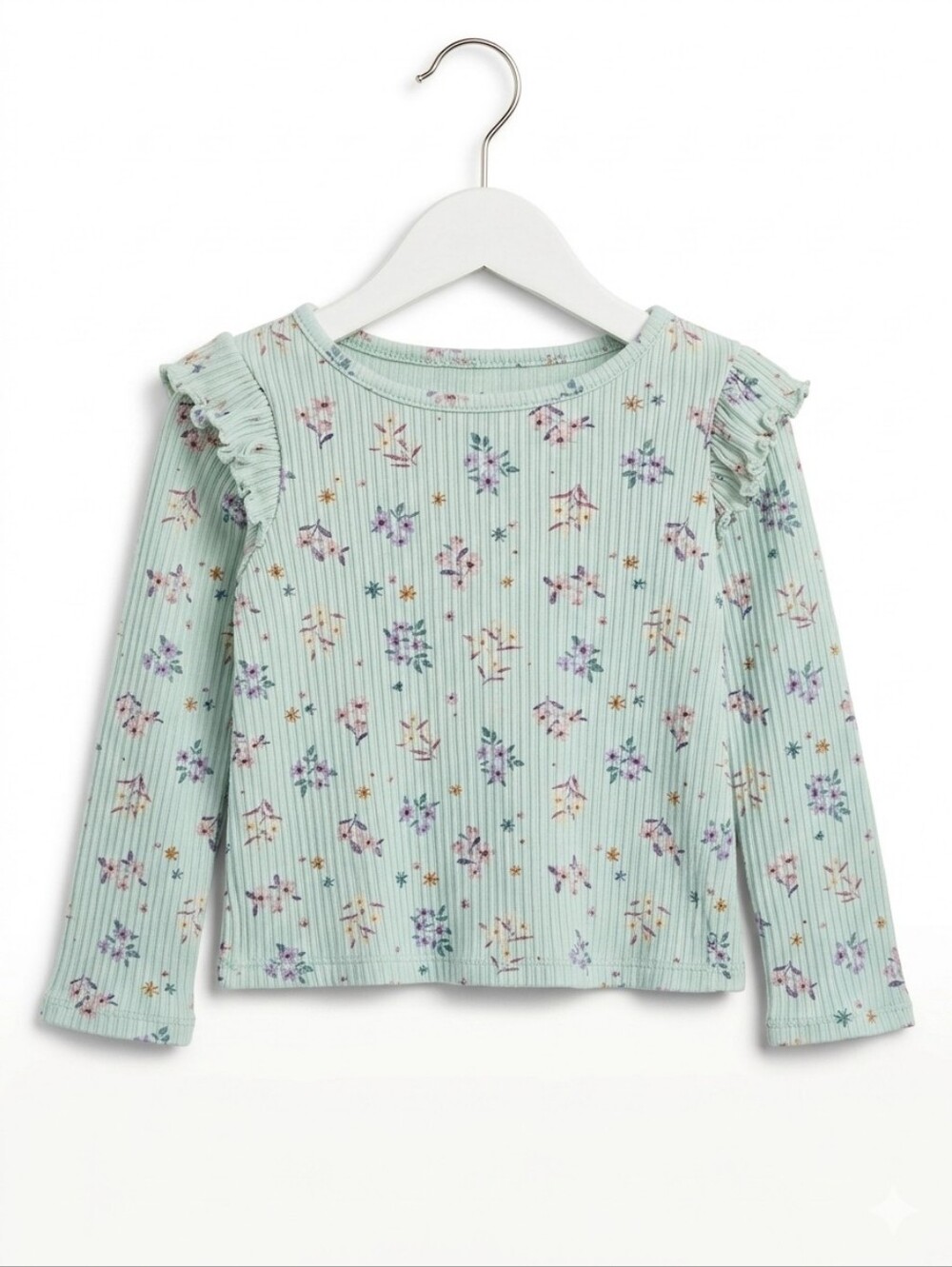 Girls' Mint Floral Ruffle Long-Sleeve Top